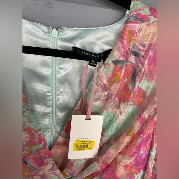 Alex Marie Simone Pink Teal Floral Long Sleeve Tiered Dress Vneck Sz 14 BNWT - Picture 4 of 5